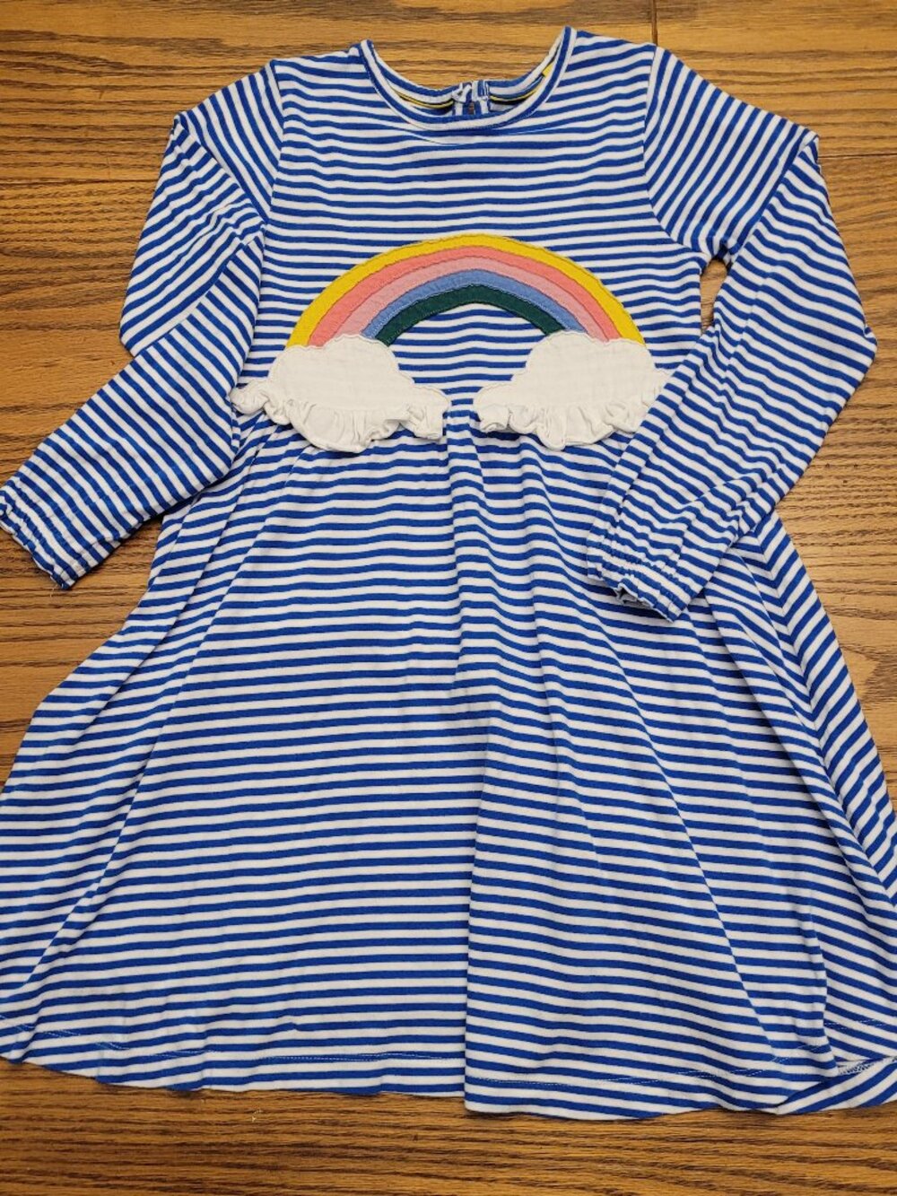Mini Boden Blue Striped Rainbow Cloud Long Sleeve Dress - Size 7-8 - Girls Kids.
